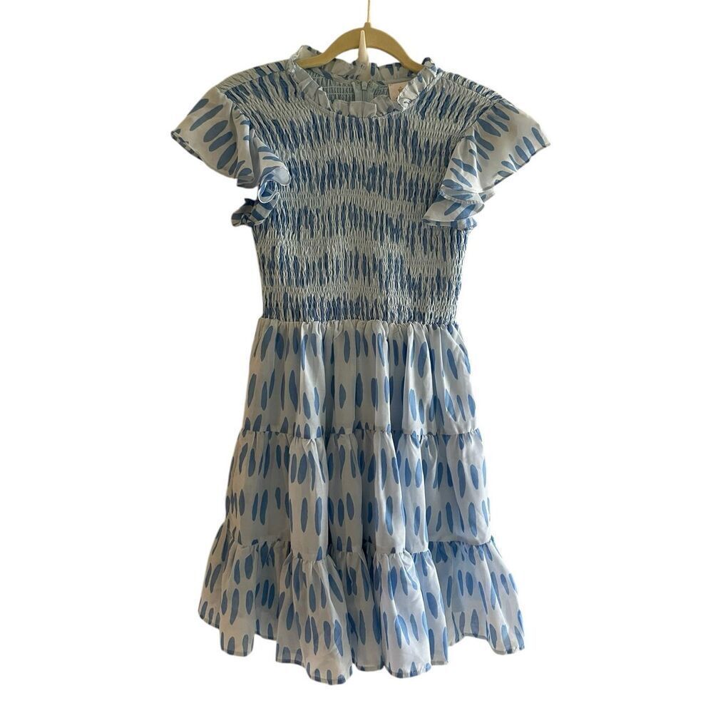 J Marie Blue Polka Dot Party Dress Women’s Sz XS Fit n Flare Twirl Short Smocked